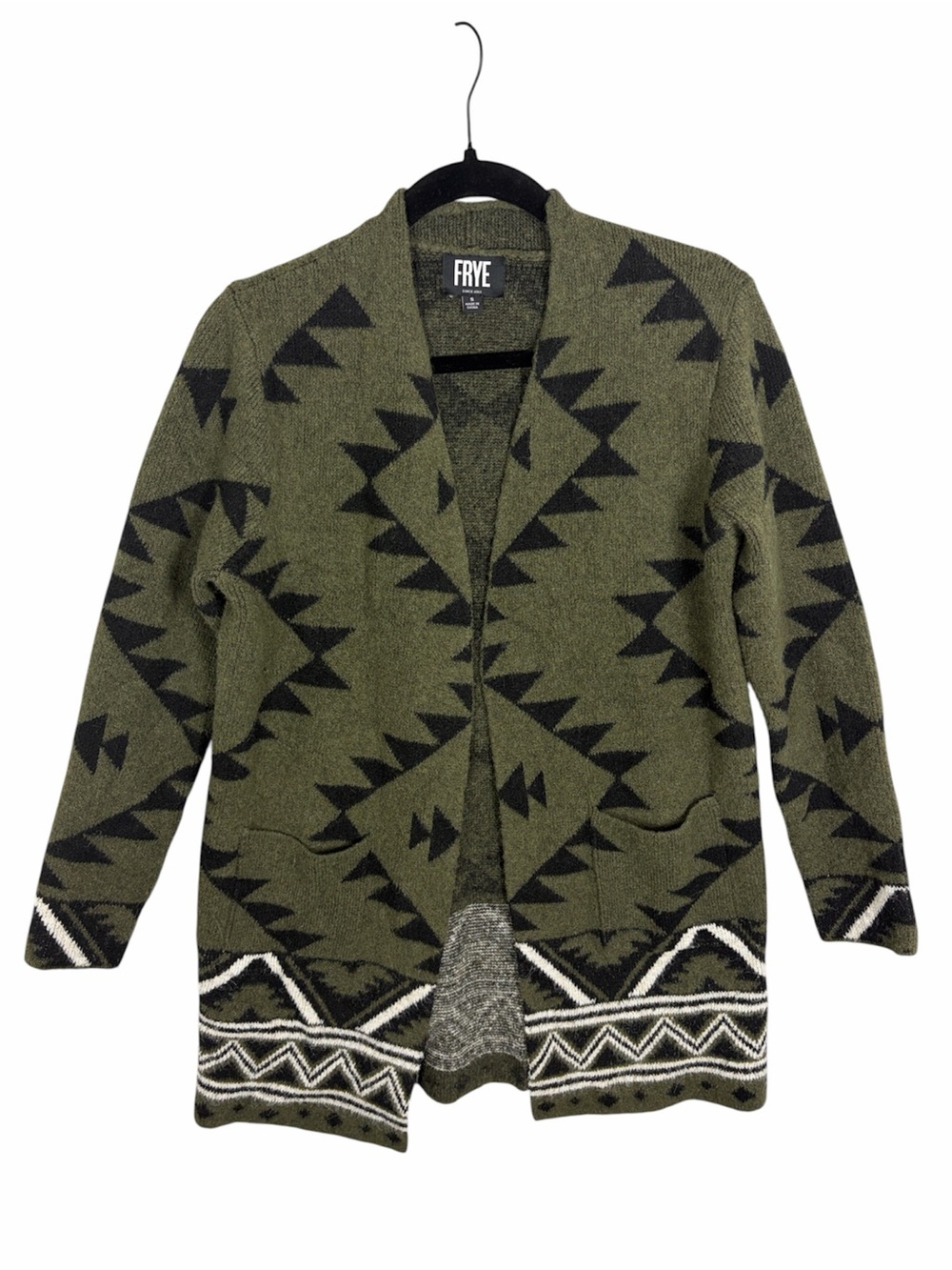 Frye Olive Green Black Aztec Southwestern Open Front Cardigan Small